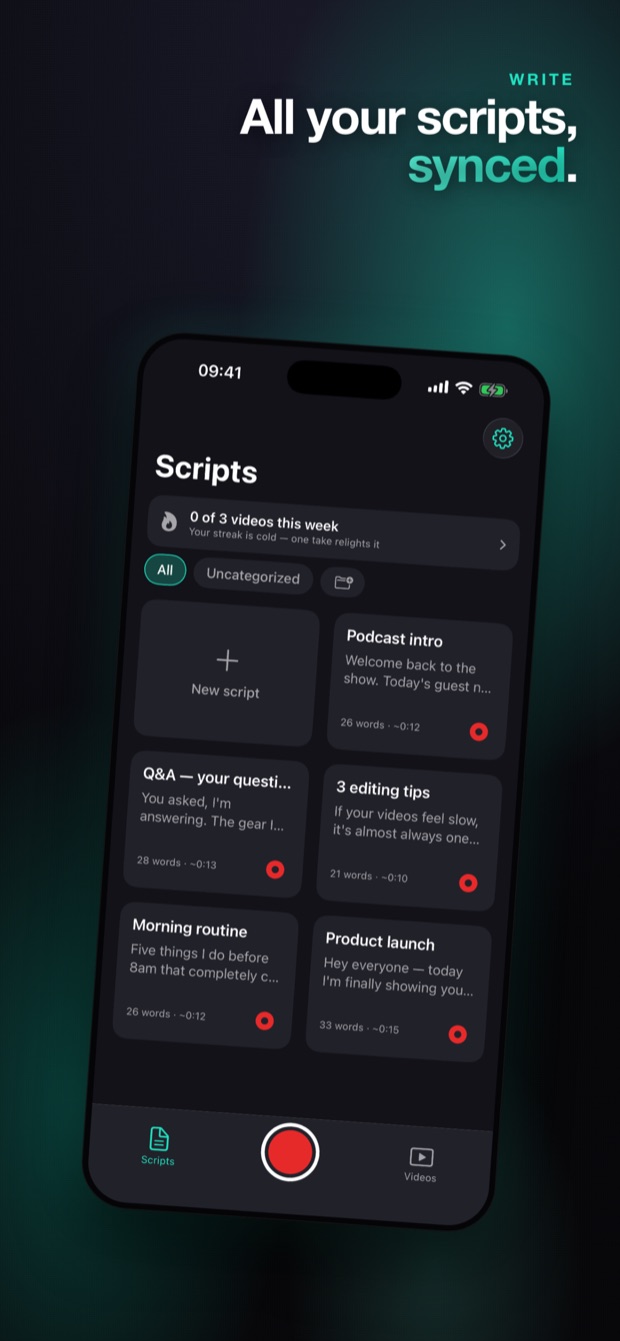 Script writing app for video creators — all your teleprompter scripts synced across devices